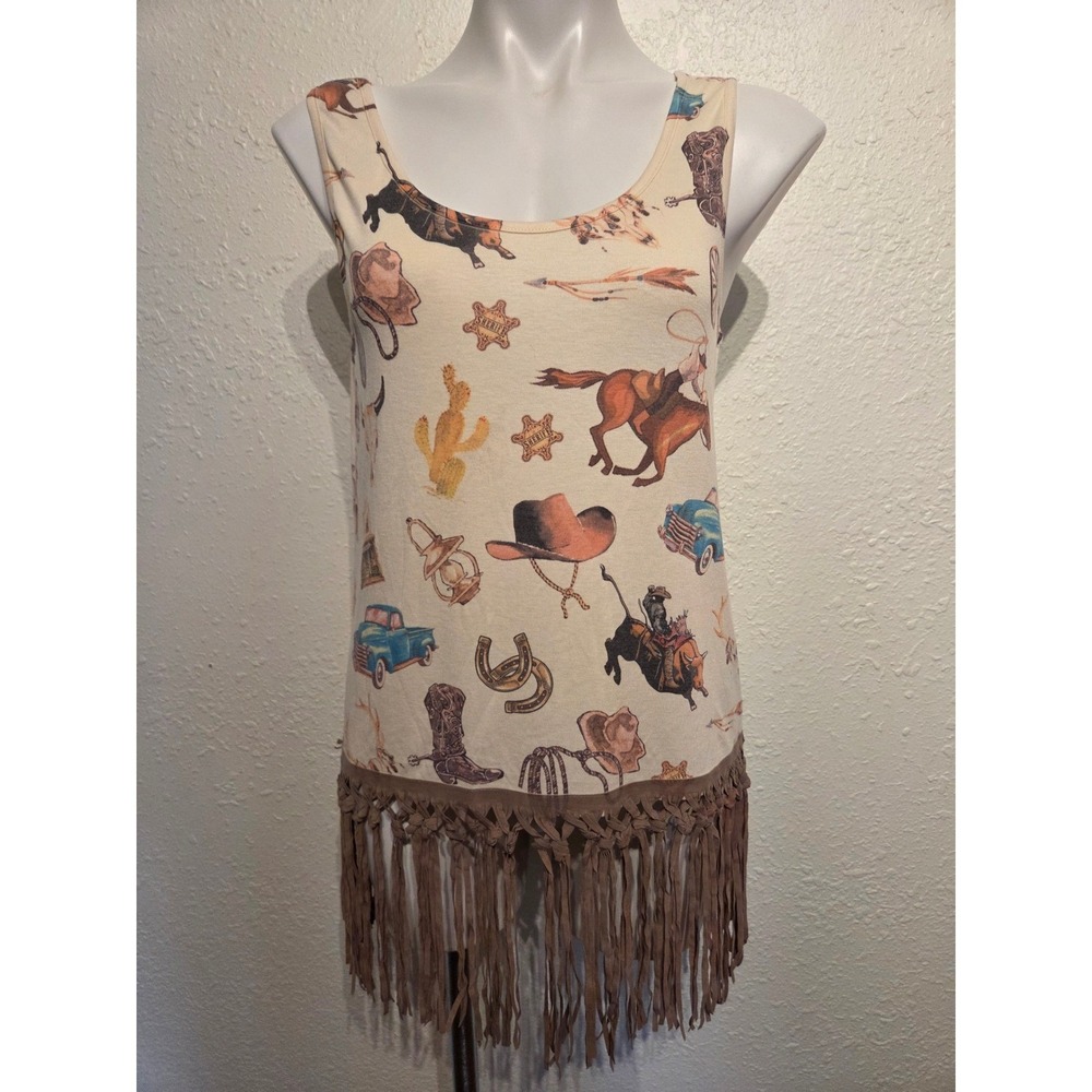 Origami by Vivian Western Print Fringe Tank Top Cream Brown Cowgirl Medium